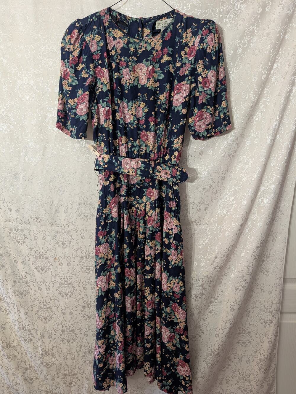 VTG 80s 90s E.D. Michaels Floral Midi Dress Rayon Puff Sleeve